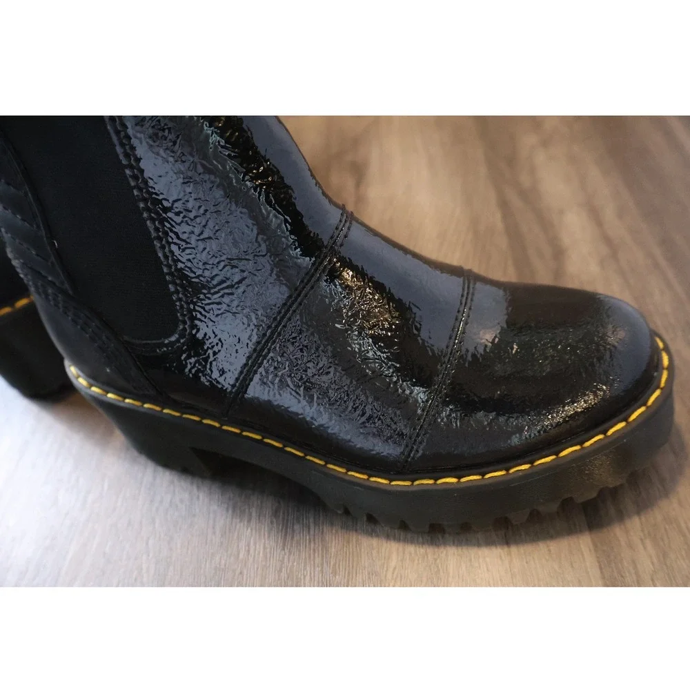 Dr. Martens Rozalie Distressed Patent Heeled Chelsea Boots Black Melbourne Sz 6